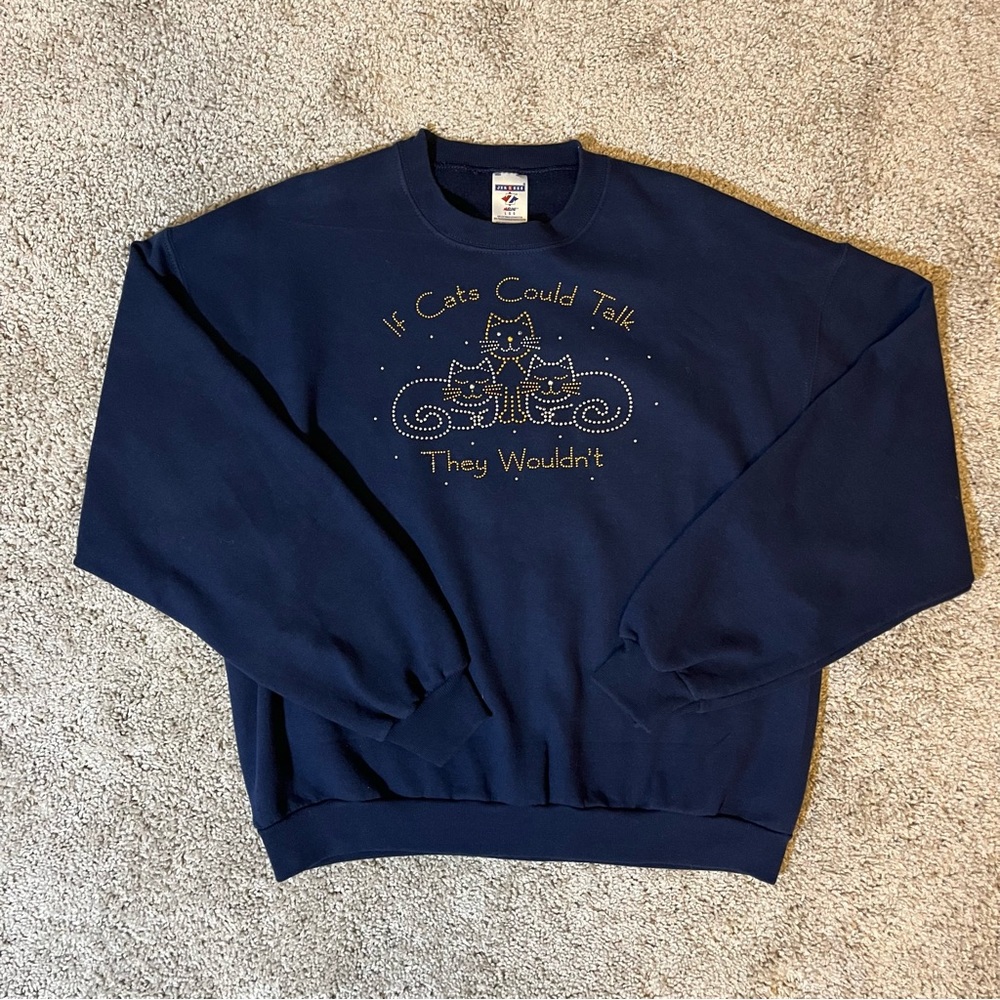 CATS JEWELED NAVY SWEATSHIRT ‘IF CATS CAN TALK, THEY WOULDN’T’ SIZE LARGE
